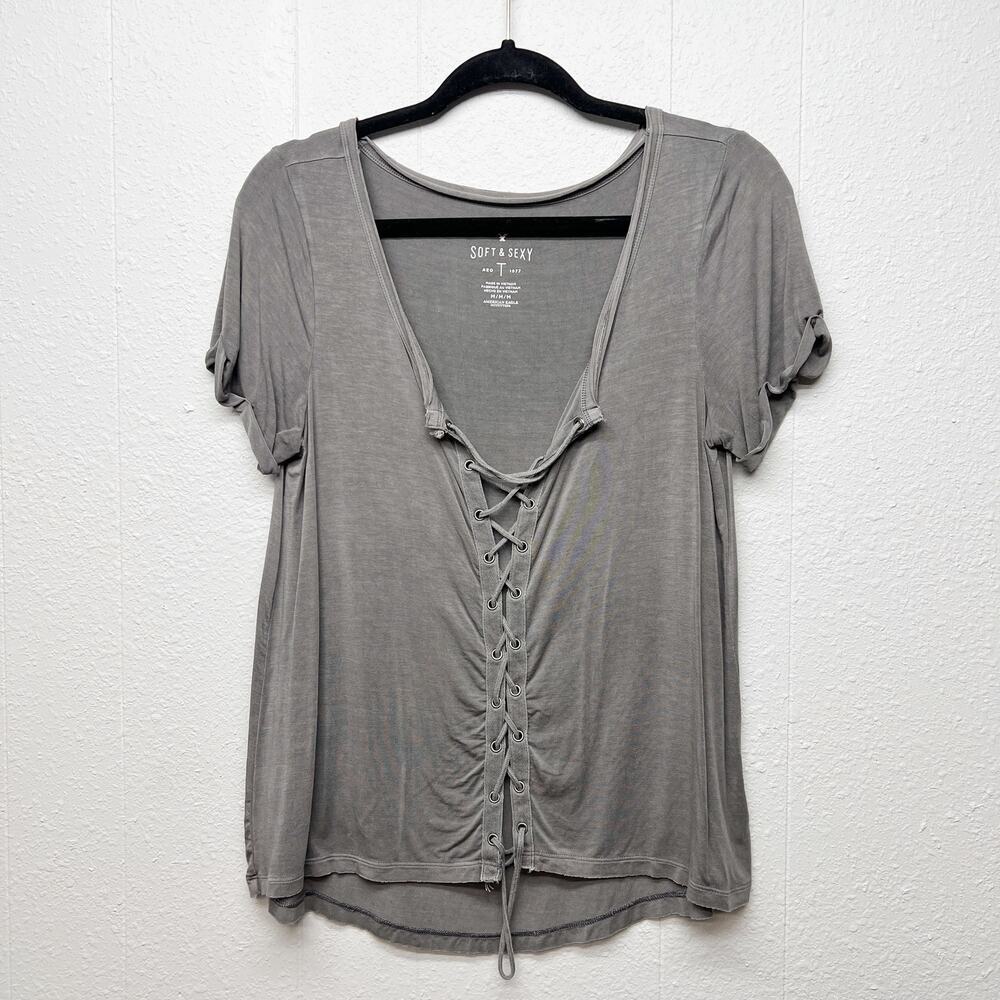 American Eagle Top Womens Medium Lace Up Stonewash Relaxed Soft Minimalist Boho